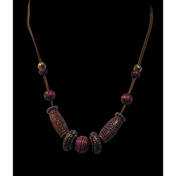 Bohemian Earthy Carved And Round Wood Beaded Necklace - Picture 2 of 6